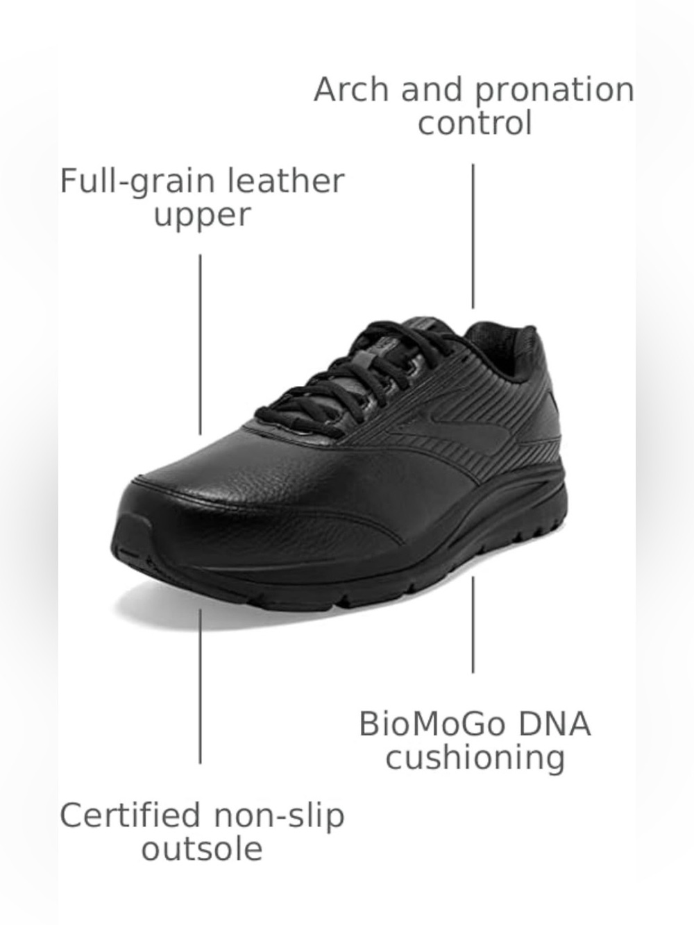 Women’s Brooks Addiction Walker 2 Slip Resistant Black Leather Sneaker - Picture 2 of 13